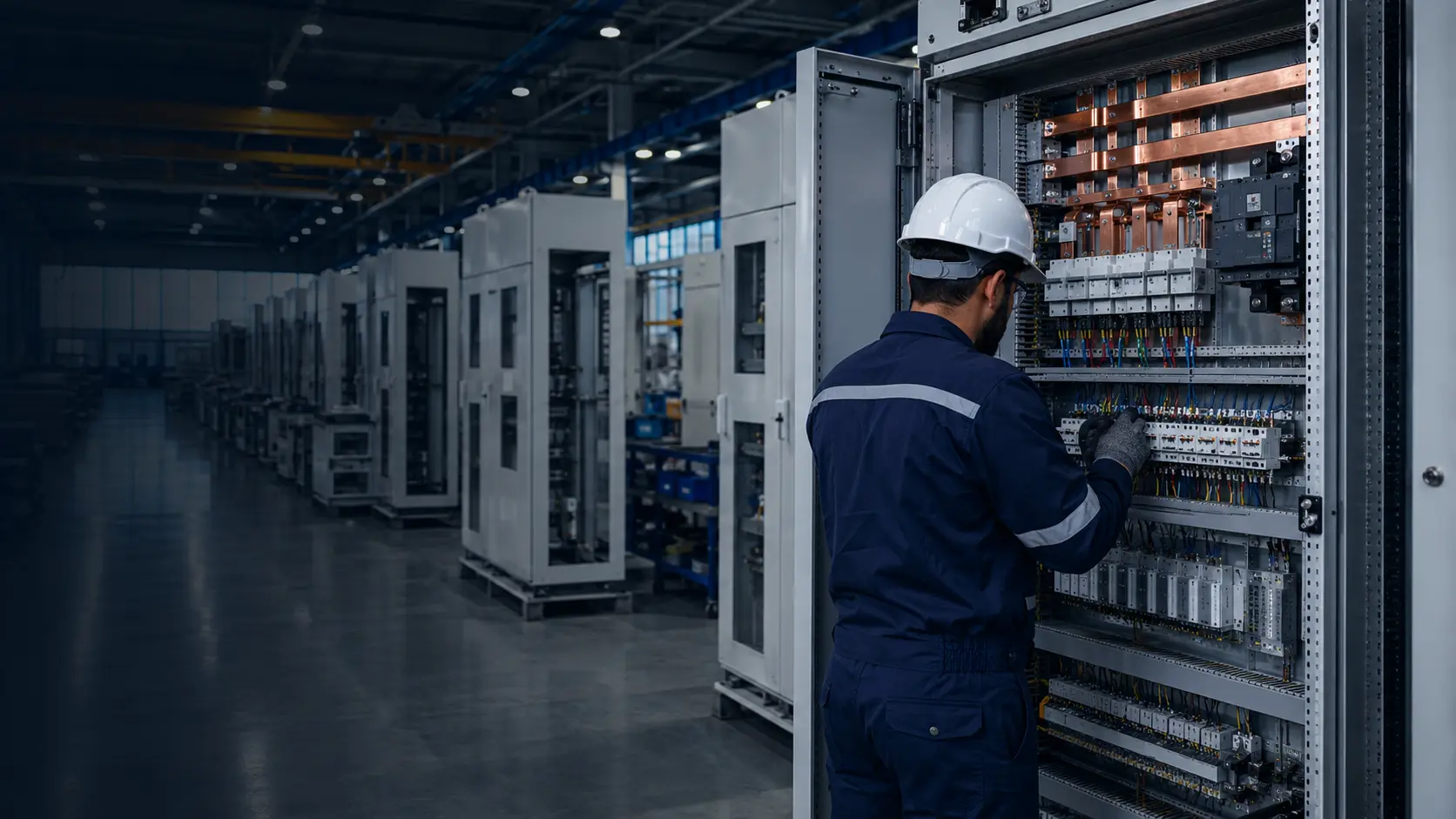 Technician inspecting low-voltage switchgear inside a modern electrical panel factory